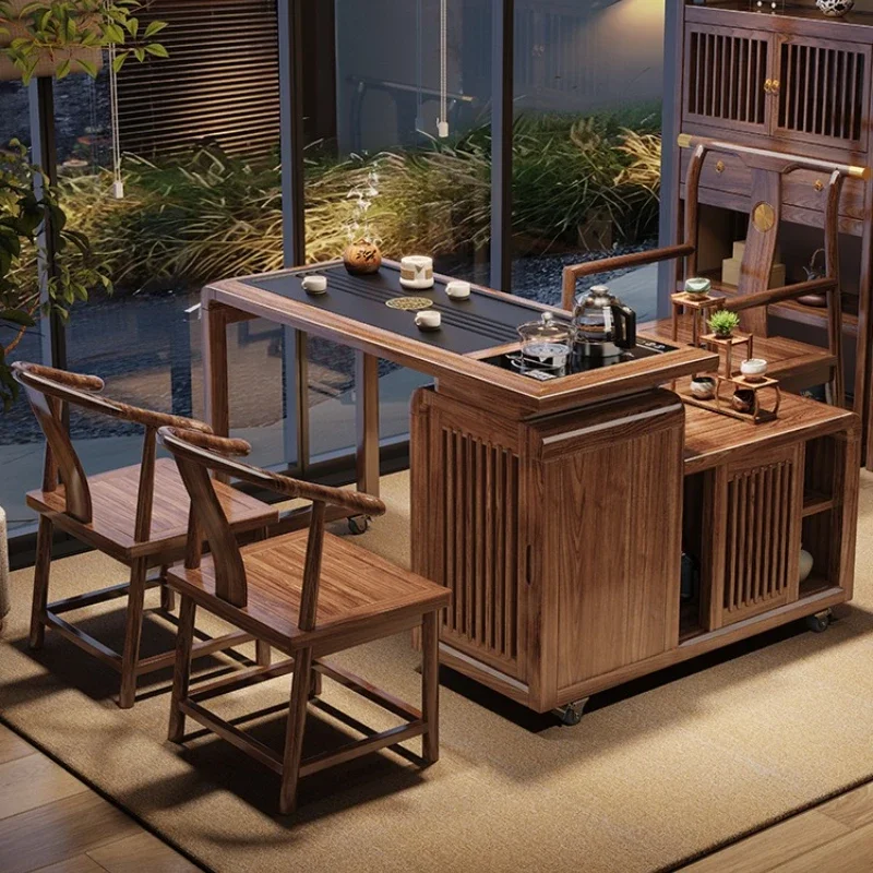 Balcony small apartment, rotatable mobile folding tea table and chair combination, living room household solid wood tea
