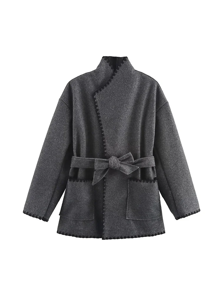 

Willshela Women Fashion With Belt Grey Hidden Breasted Coats Vintage O-Neck Long Sleeves Female Chic Lady Outfits
