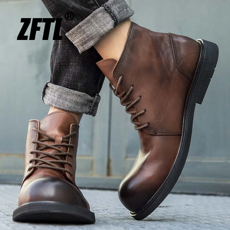 ZFTL Men\'s Chelsea Boots Casual Big toe Workwear Ankle boots 2023 winter high top boots British Retro Genuine Leather Man Boots