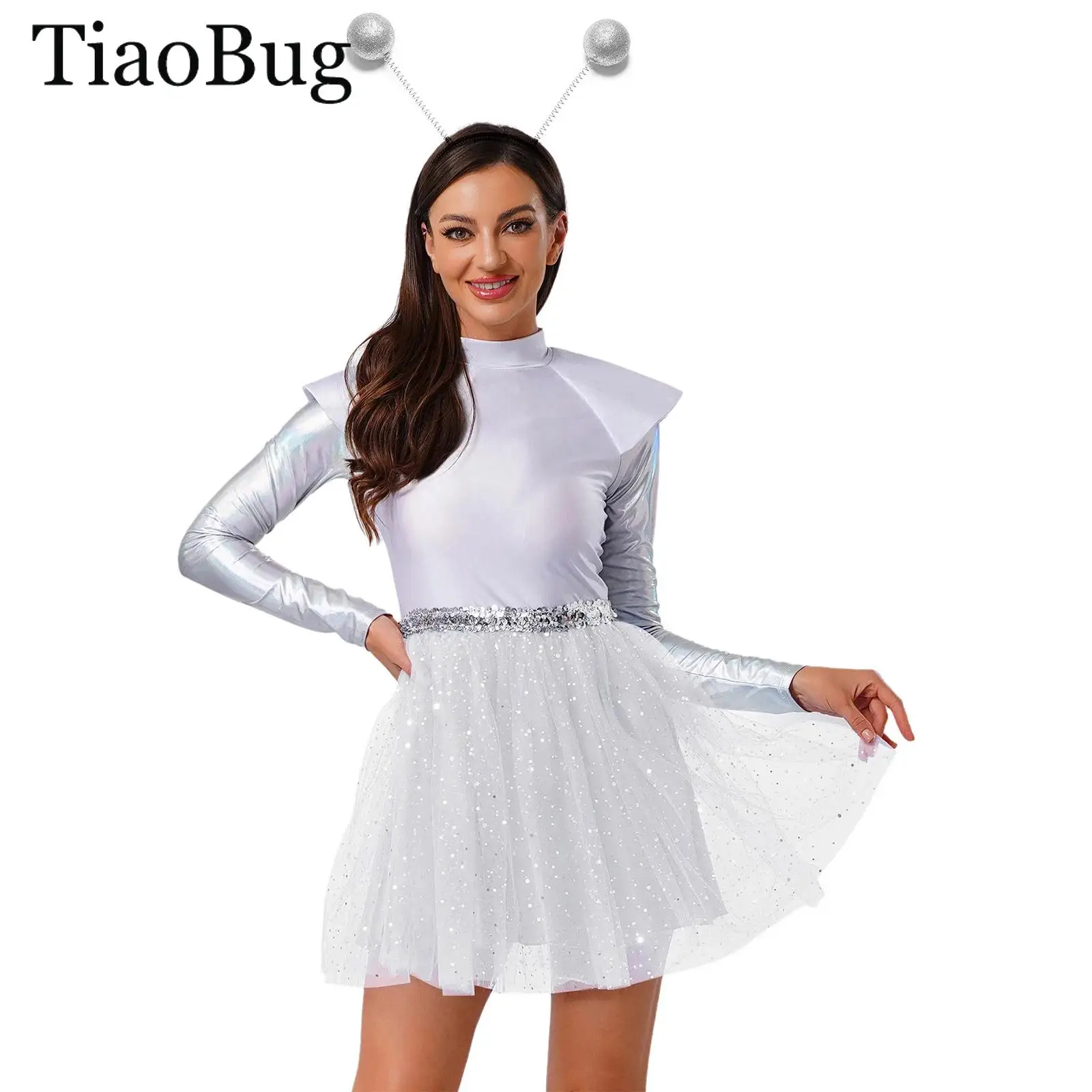 

Women Silver Astronaut Costume Halloween Robot Cosplay Alien Tutu Dress Metallic Sequin Tulle Skirt Space Cadet Leotards Dress