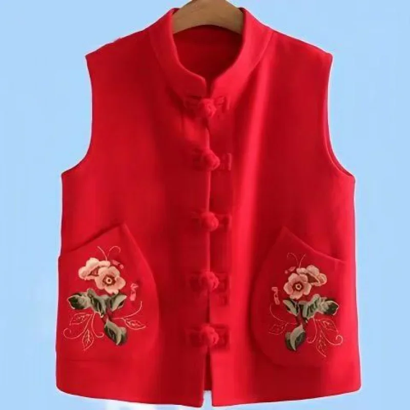 Retro Chinese Style Top Vest Women Modern Tang Suit Fall Winter Embroidery Buckle Clothes Waistcoat Jacket Ethnic Top