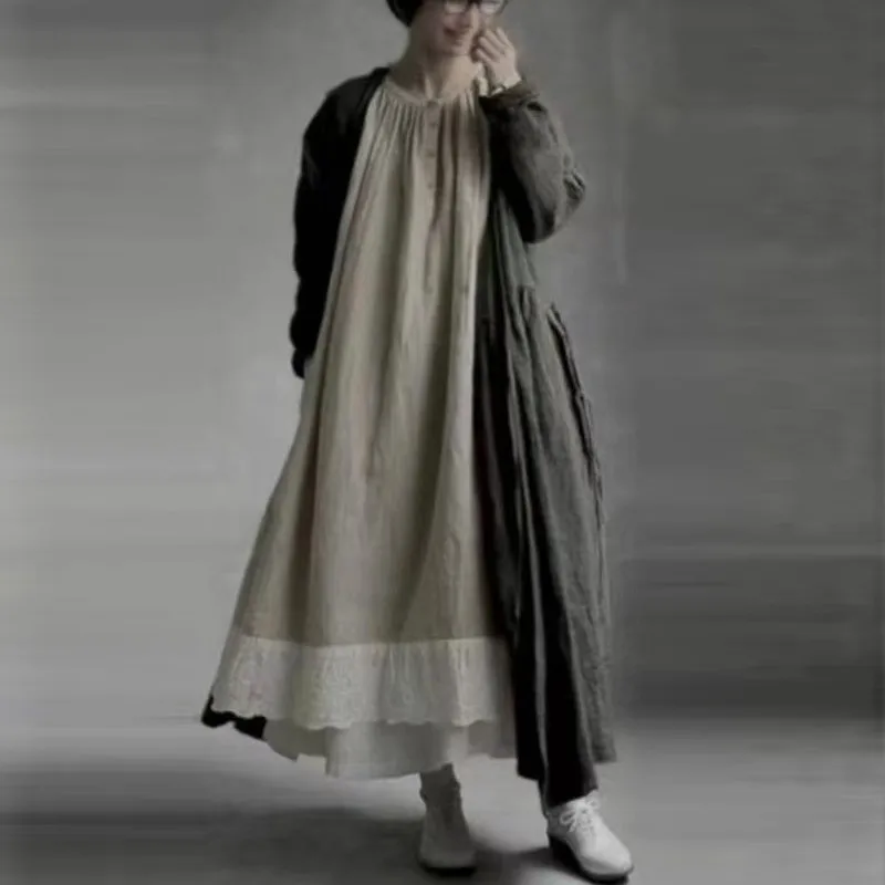 Johnature retro preguiçoso estilo em camadas vestido de linho para mulher novo solto em torno do pescoço vestido longo para o outono 2025
