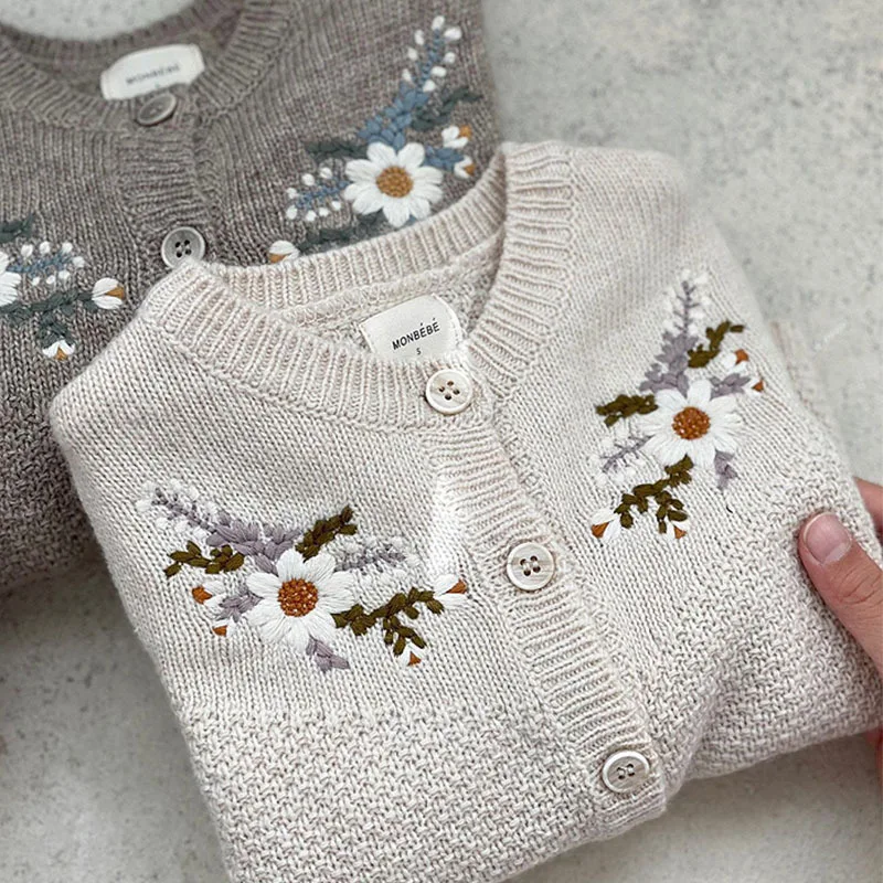 2024 Spring Autumn Infant Girls Cardigan Cotton Embroidery Floral Knitted Sweaters Plaid Lantern Sleeve Coat Baby Girls Outfits