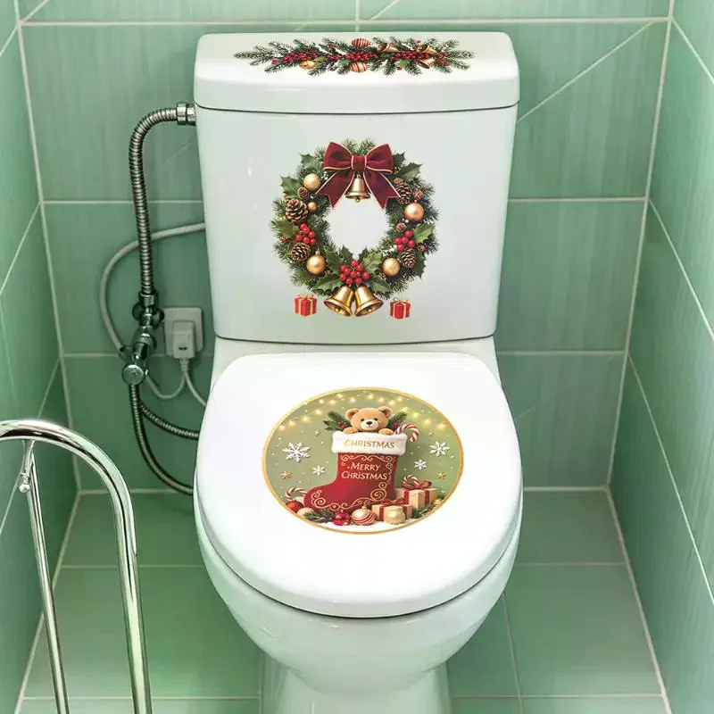 3Pcs Christmas Holiday Toilet Seat Decals Cute Bear Wreath Print Waterproof Removable Stickers for Bathroom Party Decor