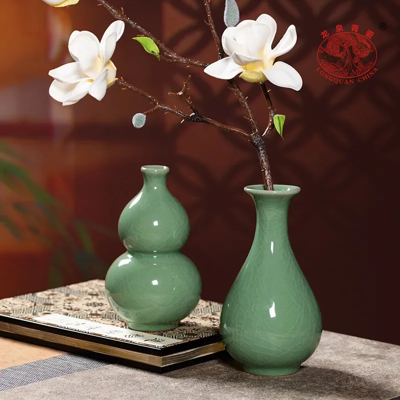 Longquan celadon small vase three-piece set, ceramic decorative flower arrangement, hotel home desktop small ornament gift box