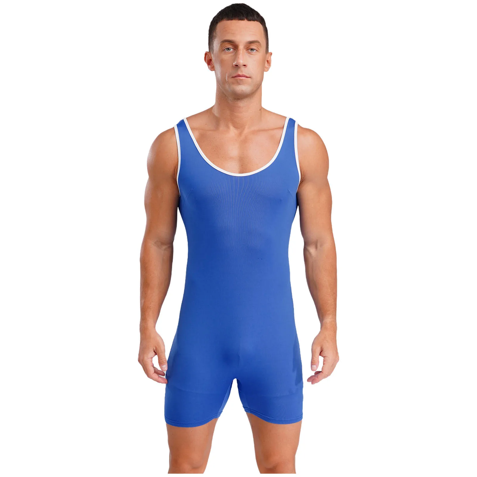 

Men Athletic Jumpsuit U Neck Sleeveless Boyleg Singlet Bodysuit Romper Bodybuilding Workout Fitness Exercise Sportswear Swimwear
