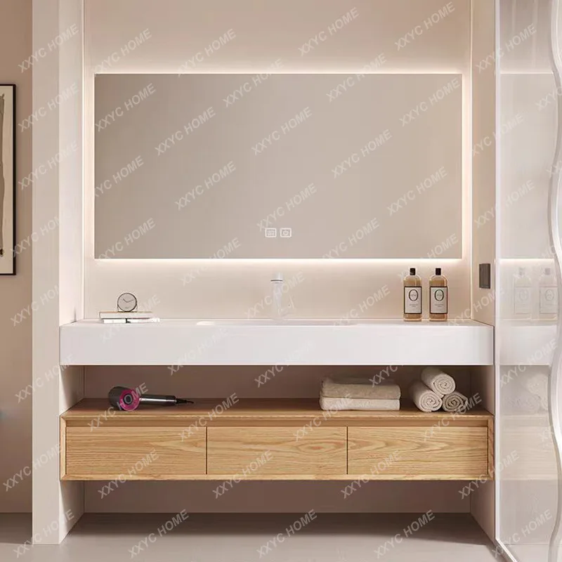 XX  LXSeamless ceramic basin, red oak bathroom cabinet, combined rock slab hot bending integrated basin, face wash table