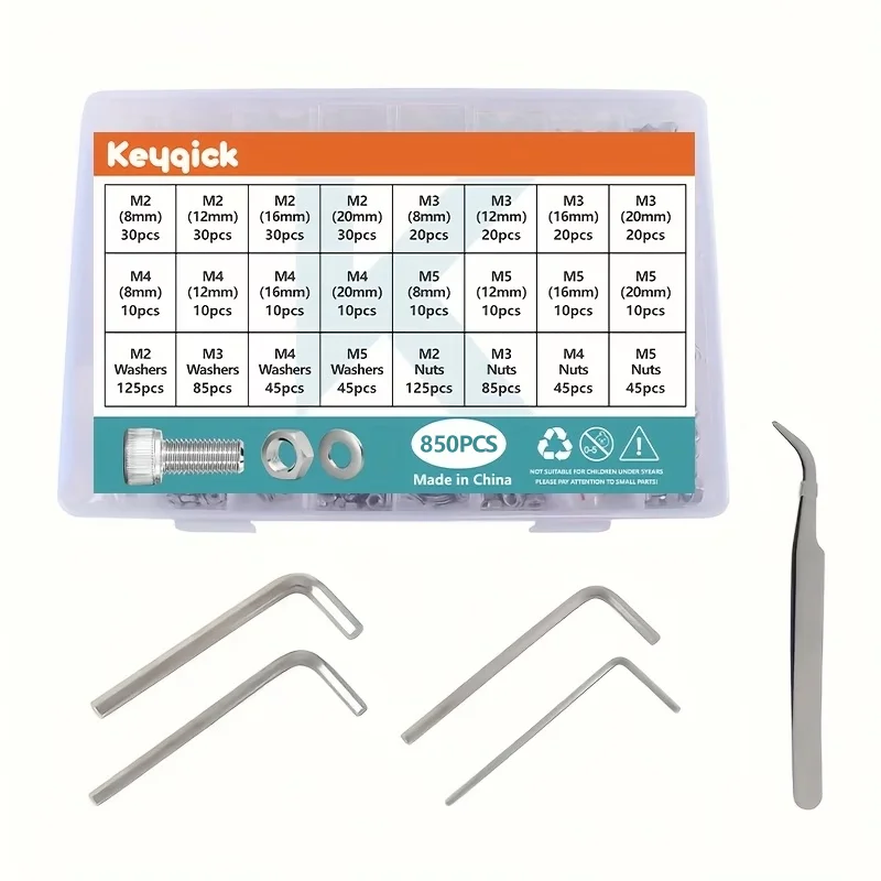 880PCS Heavy-Duty Premium Stainless Steel M2 M3 M4 M5 Hex Bolt And Nut Set Includes 4 Allen Wrenches Comes And Nippers,  Suitable for DIY, Furniture Repair, Automotive, Electronics, 4 Sizes, 16 Dimensions