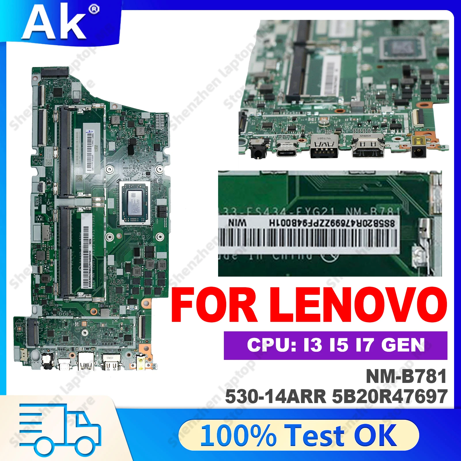 NM-B781 For Lenovo Yoga 530-14ARR Laptop Motherboard 5B20R47697 NM-B781 With R3-2200U R3-2200U CPU DDR4 30pin/36pin 100% Test OK