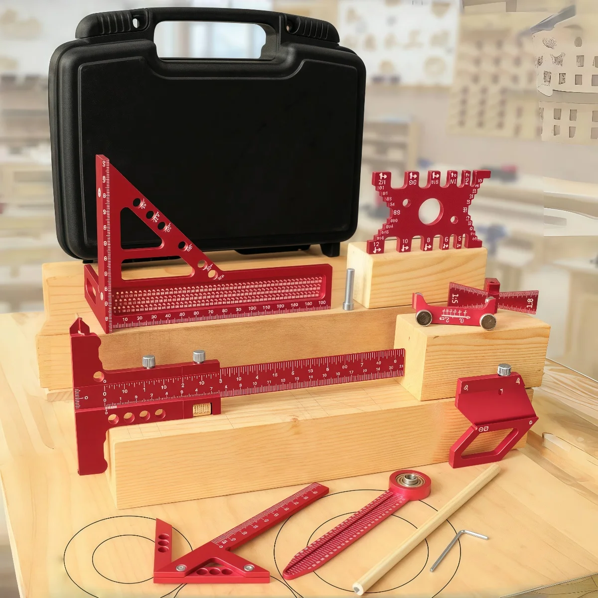

6/7/8pcs Aluminum Alloy Woodworking Marking Measuring Ruler Kit with Box, Precision & Layout Carpenter Ruler Wood Scribing Tools