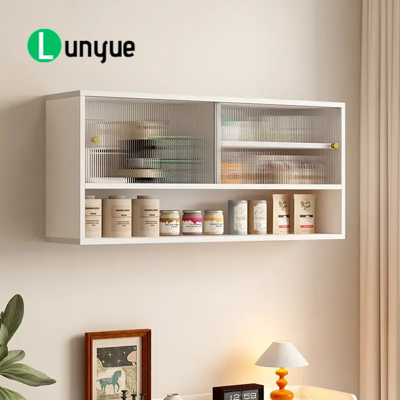 Solid Wood Wall Hanging Cabinet with Glass Sliding Door Dining Room Kitchen Storage Bookcase Closet Wall Mounted Shelf Home