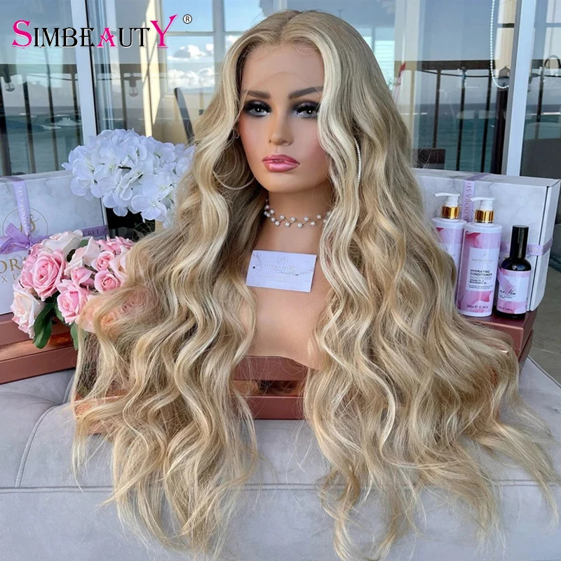 Indian 100% Human Hair Light Ash Blonde With Face Framing Highlight Natural Body Wave 13x6 Transparent Lace Front Wigs Real Look