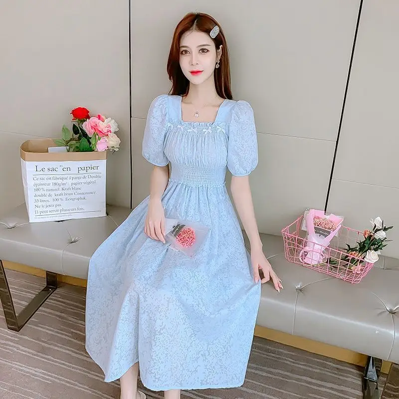 

New Summer Style Waist-hugging to Make You Look Slim and Stylish, Casual, Fresh Floral Chiffon Mid-length Puff Sleeve Dress
