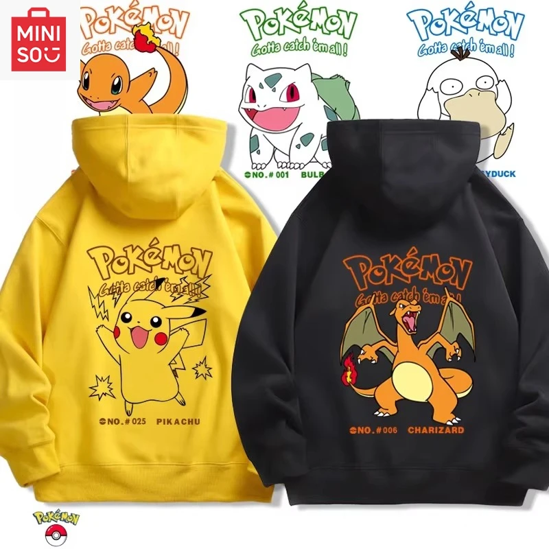 

Толстовка с принтом покемонов MINISO Collaboration и капюшоном, свободная мультяшная, многофункциональная, повседневная и милая для кампуса девочек