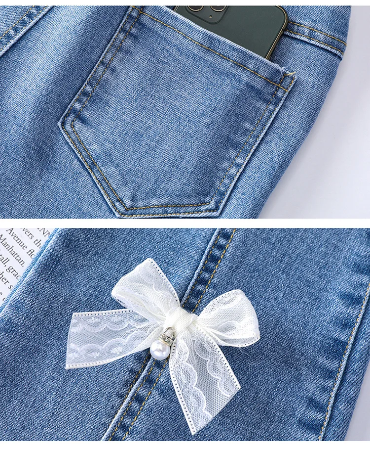 Elegante Kinder-Jeans mit Schlitz und Perlen für Mädchen, schmal geschnittene Denim-Hose mit Schleife, Kinderhose mit Schleife, Größe 5 6 7 8 9 10 11 12 13 14 – Detail 20
