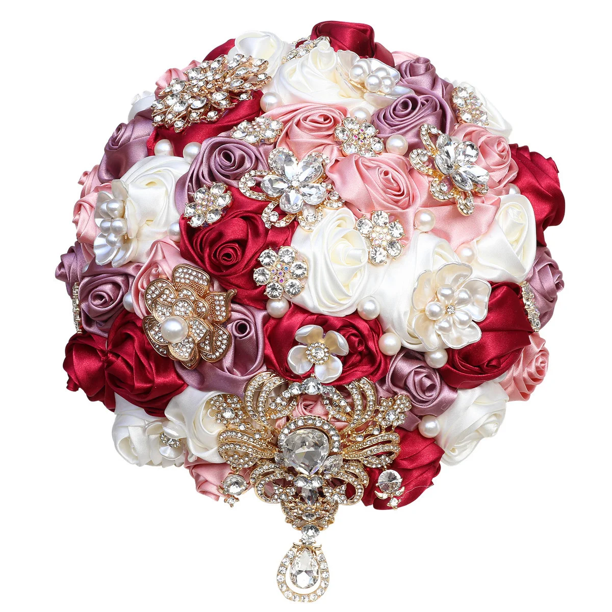 Classic Bride Satin Red Rose Wedding Bouquet Hand Luxury Rhinestone Pearl Bridesmaid Wedding Decoration Eternal Bouquet