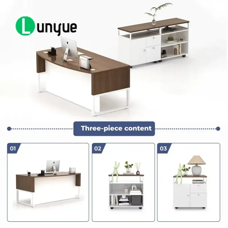 Luxury L Shaped Executive Desk with 3 Tier Bookshelf 2 Drawers Side Cabinet for CEO Office Home Study Modern Computer