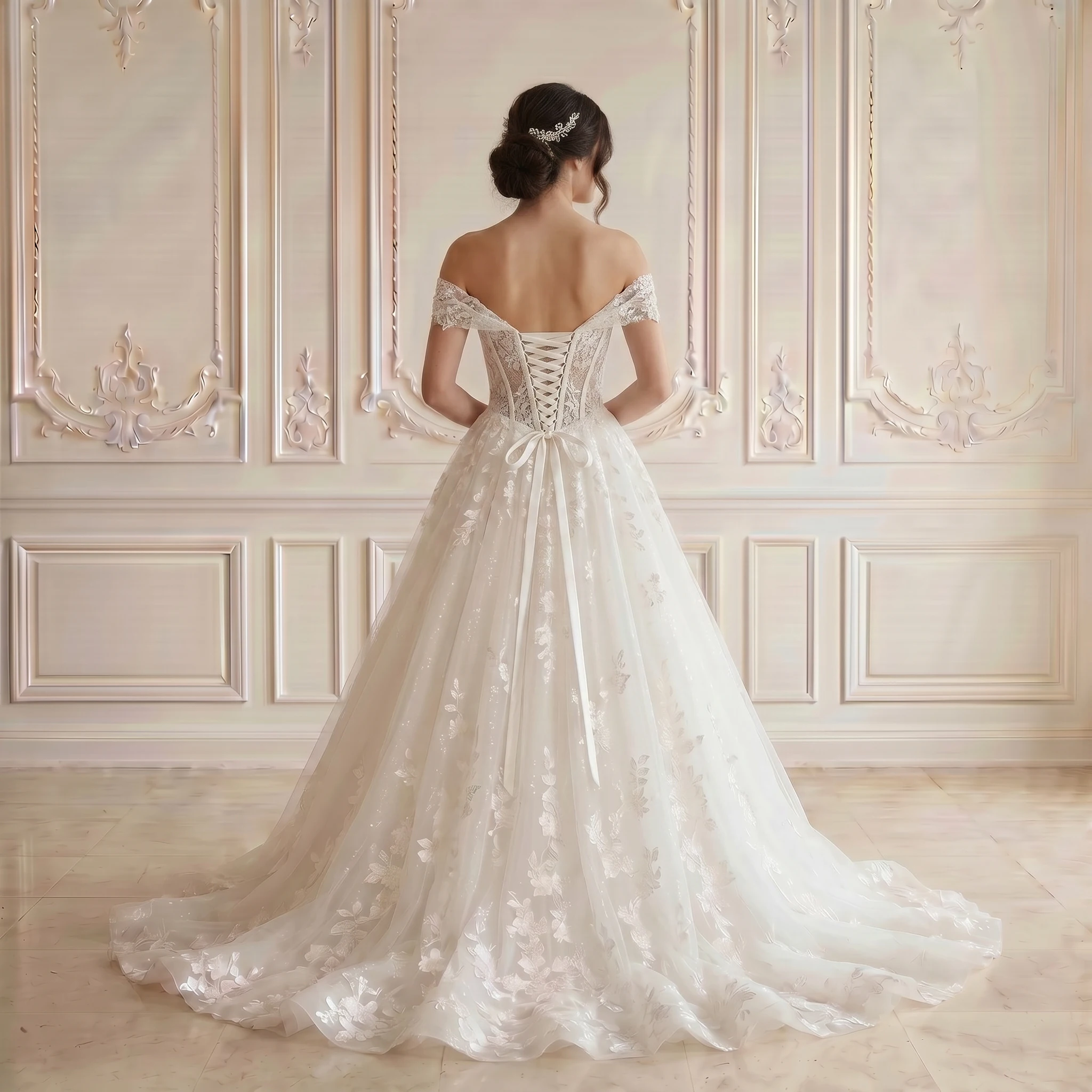 Square Cap Sleeve Sheer Corset A Line Wedding Dress 3D Floral Lace Corset Back Chapel Train Bridal Gown