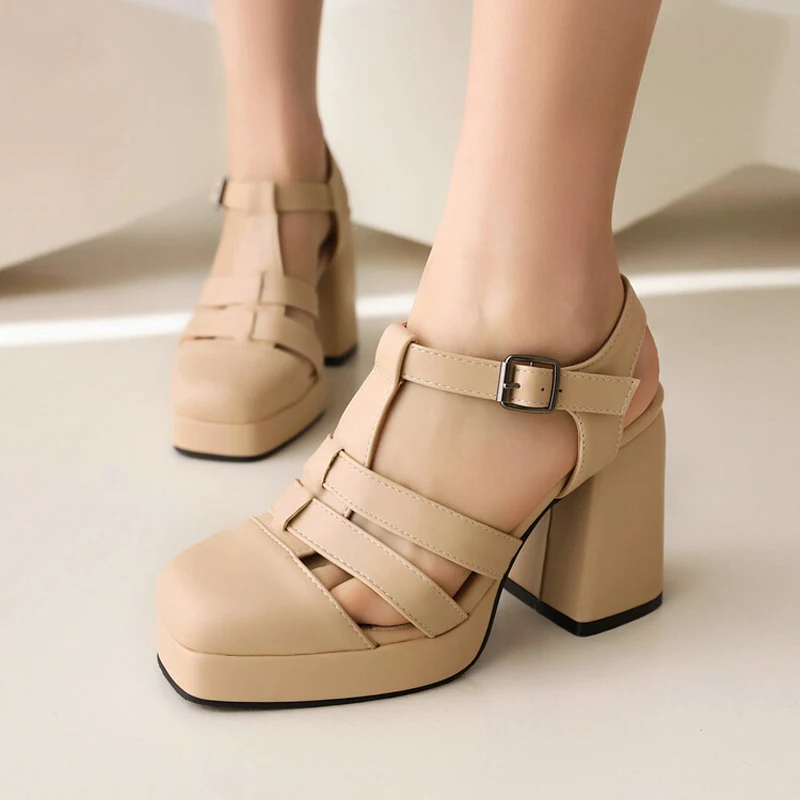 Square Toe Platform Sandals Women Summer Hollow Out Chunky Heel Shoes Women T-Strap 9CM High Heels Sandalias Mujer LWSH5652 view 3