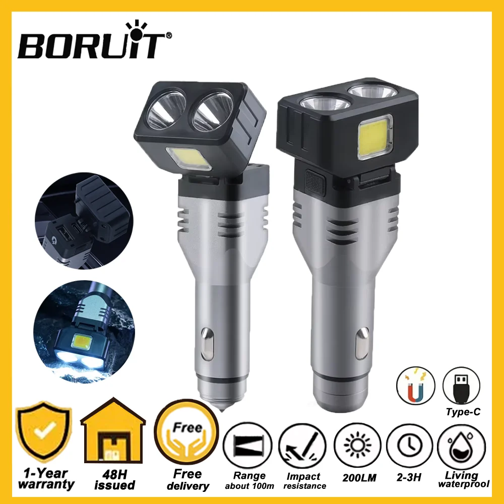 

Светодиодный фонарь BORUiT, заряжаемый от автомобиля, портативный, с вращающимся магнитом, аварийный рабочий фонарь, мощный фонарь для кемпинга и рыбалки