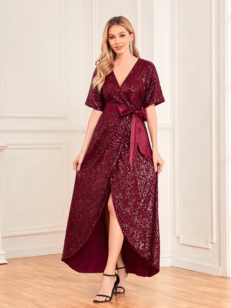 Vestido de noche con lentejuelas brillantes para mujer, elegante Vestido de noche hasta el tobillo, cuello en V, pretina de satén con bifurcación alta, diseño diario