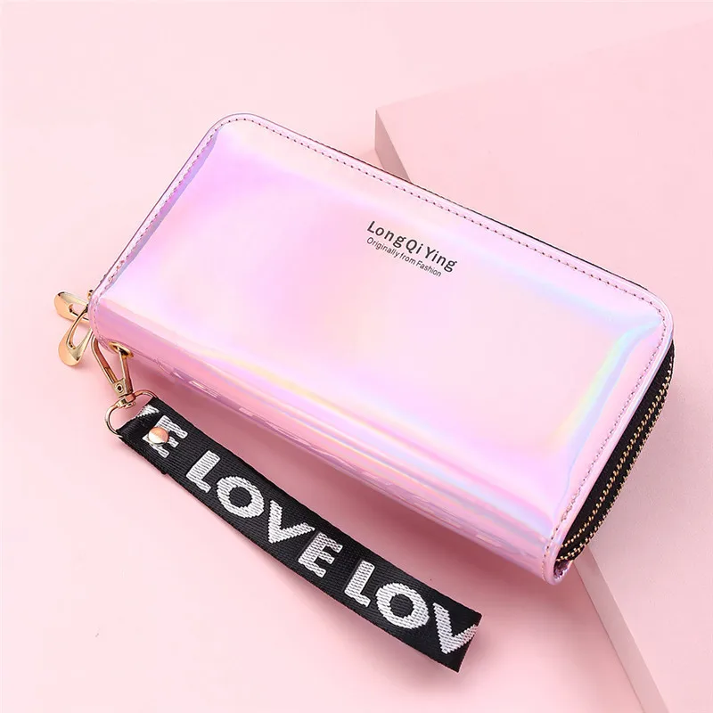 

Женский длинный кошелек с двойной молнией, из мягкой искусственной кожи с лазерной обработкой, вместительный клатч для монет и визиток, новинка