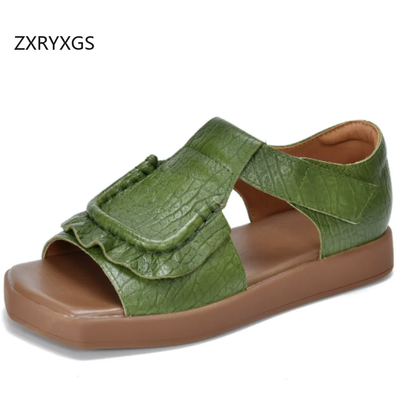 

ZXRYXGS Top Layer Cowhide Open Toed Sandals 2026 New Summer Genuine Leather Roman Sandals Fashion Shoes Women Flat Sandals Tide