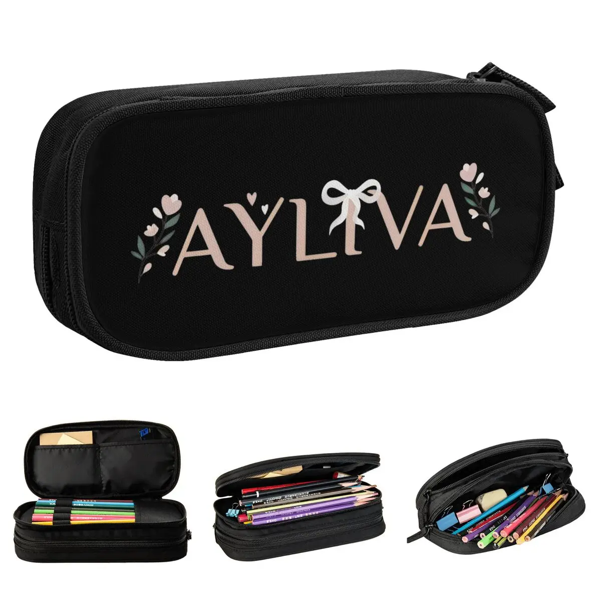 Ayliva With Bow And Flowers Pencil Cases Classic Pen Bag Student Large Storage School Supplies Gifts Pencil Box