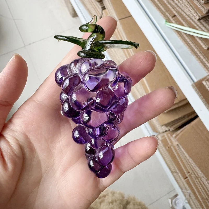 Handmade Glass Purple Grape Figurine Collectibles Crystal Fruit Ornament Decoration Art Glass Grape Miniature for Home Office