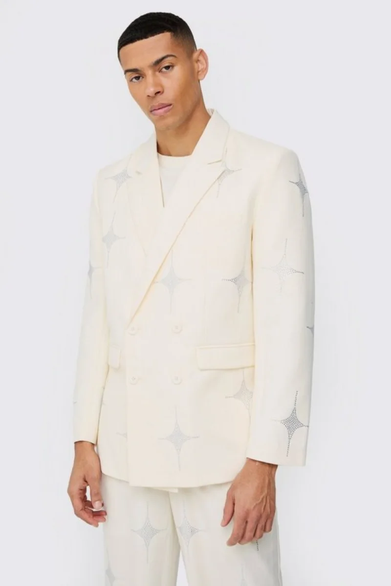 高級メンズスーツ 2 ピースブレザーパンツダブルブレストピークドラペルアップリケ結婚式タキシードカスタマイズされた trajes パラやつ