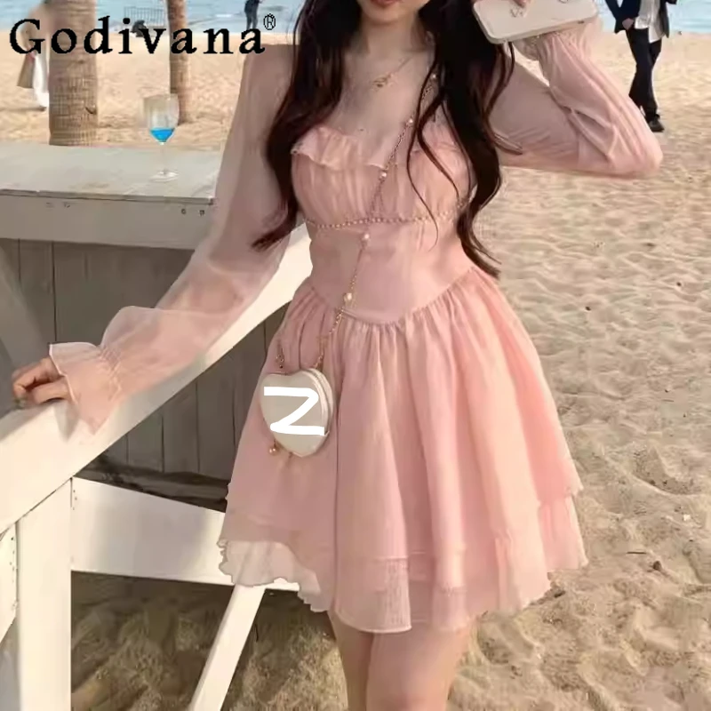 

Большой размер, французское розовое ретро-модное платье с квадратным вырезом, женское шифоновое платье с высокой талией, весенне-осеннее, с длинным рукавом, уменьшающее возраст