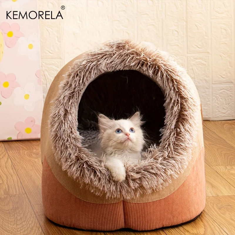 

KEMORELA Striped Long-Haired Portable Bed And Comfortable Cat Bed Plush And Safe Indoor Pet HouseSuitable For Cats And Dogs