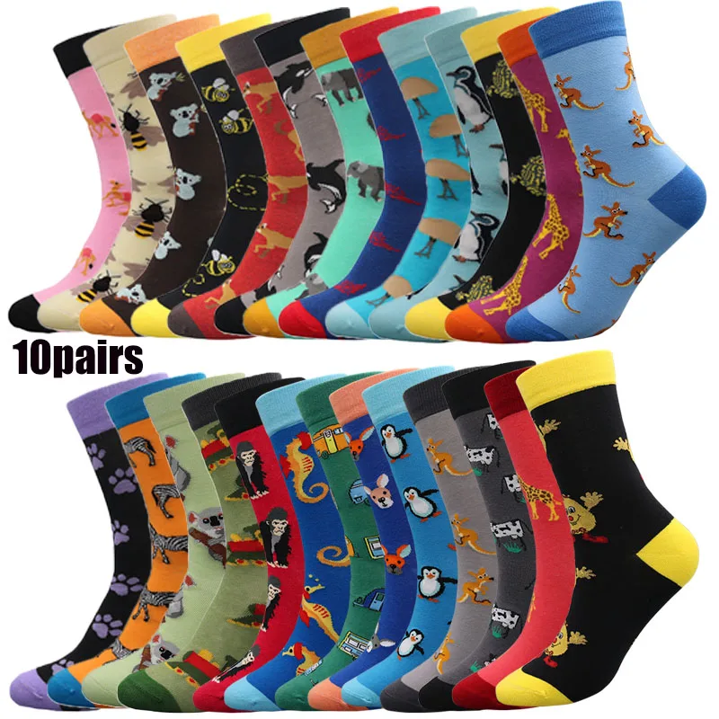 

5/10 пар носков до середины икры, милые необычные животные и фруктовые узоры для женщин и мужчин, осенне-зимние чулки