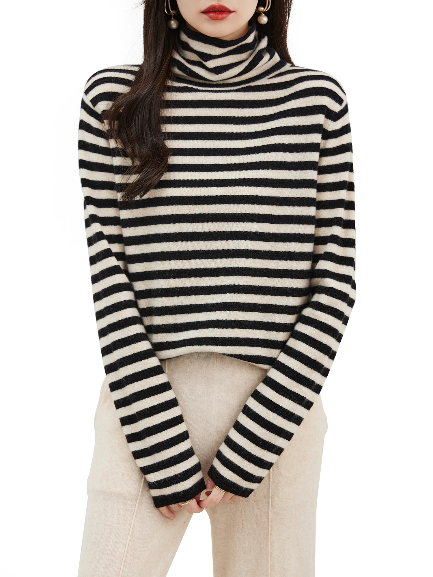 EU Size 100% Merino Wool Women\'s Sweater 2023 Fall Winter Turtleneck Pullover Warm Soft Tops Long Sleeve Stripe Knitted Sweaters