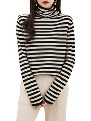 EU Size 100% Merino Wool Women's Sweater 2023 Fall Winter Turtleneck Pullover Warm Soft Tops Long Sleeve Stripe Knitted Sweaters