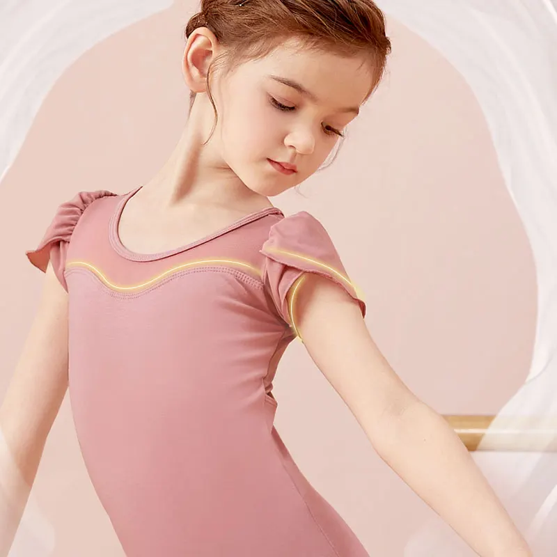 Ballet Leotards for Girls Splice Short Sleeve Kids Dance Leotards Back Bowknot Gymnastics Leotard Cotton Ballet Dancing Bodysuit