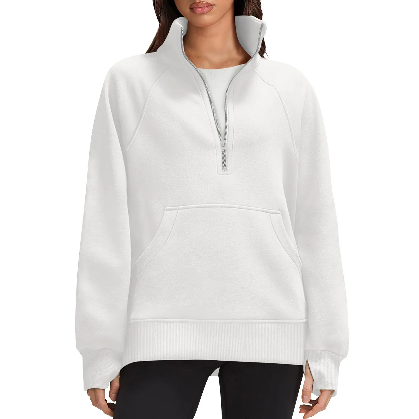 Stand Collar Casual Sweatshirts Half Zip Women Cropped Pullover Thumb Hole Overzised Hoodie Solid Color Plus Size Sports Outfit