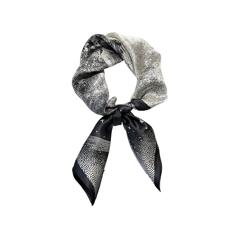 Spring Autumn 12MuMi Thin Black White Moon Tianma Star Sky Meteor Real 100% Mulberry Silk 70CM Square Scarf Shawls Tie Scarves