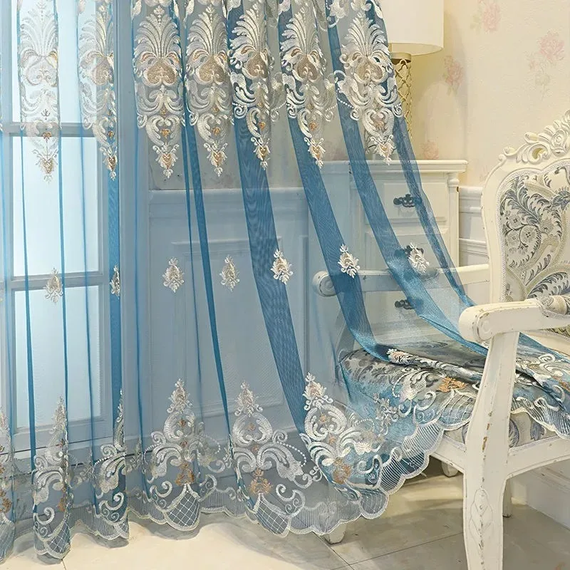European High-end Atmospheric Blue Embroidered Four-season Gauze Curtains for Living Room, Bedroom and Balcony Curtains
