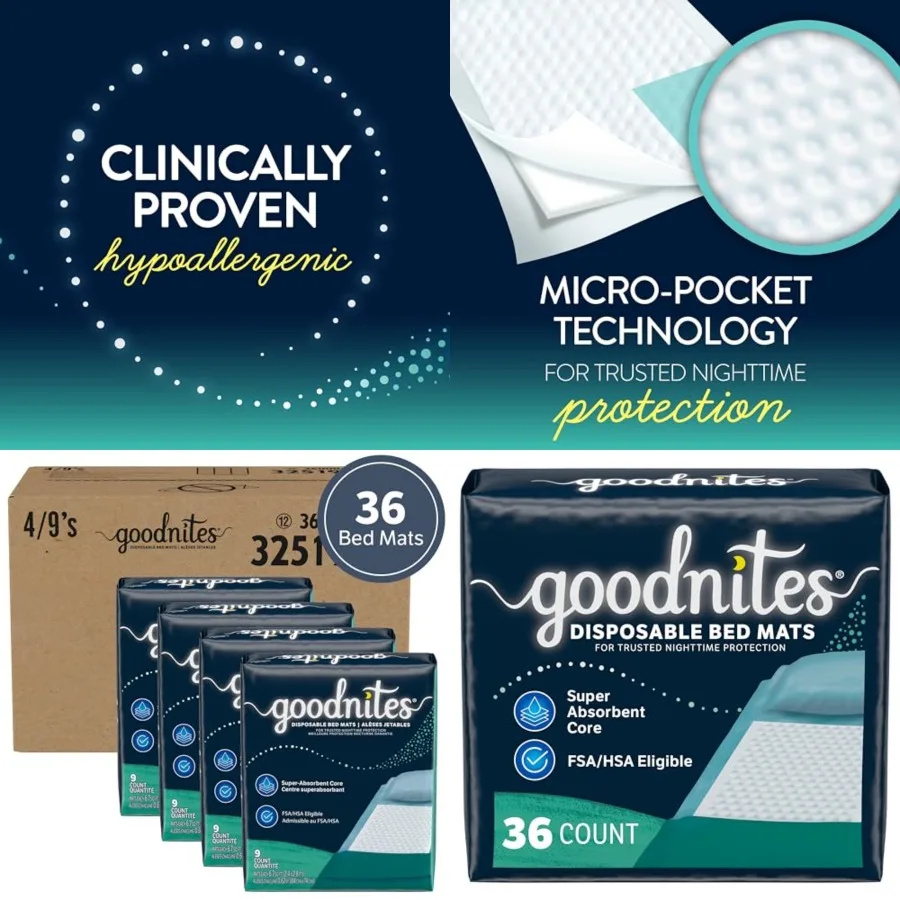 

Goodnites Disposable Bed Pads/Bed Mats for Bedwetting, 2.4 x 2.8 ft, 36 Ct 4 Packs of 9