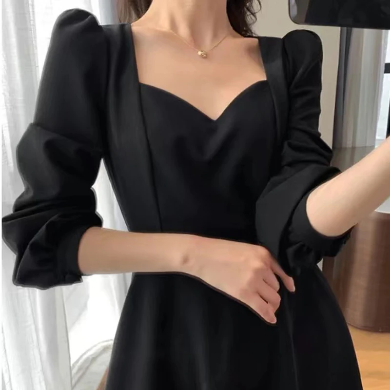 Black Dress Women\'s Autumn New Black Long Sleeve Dress Hepburn Style V-neck Ankle-length Retro Korean Style Long Black Dress