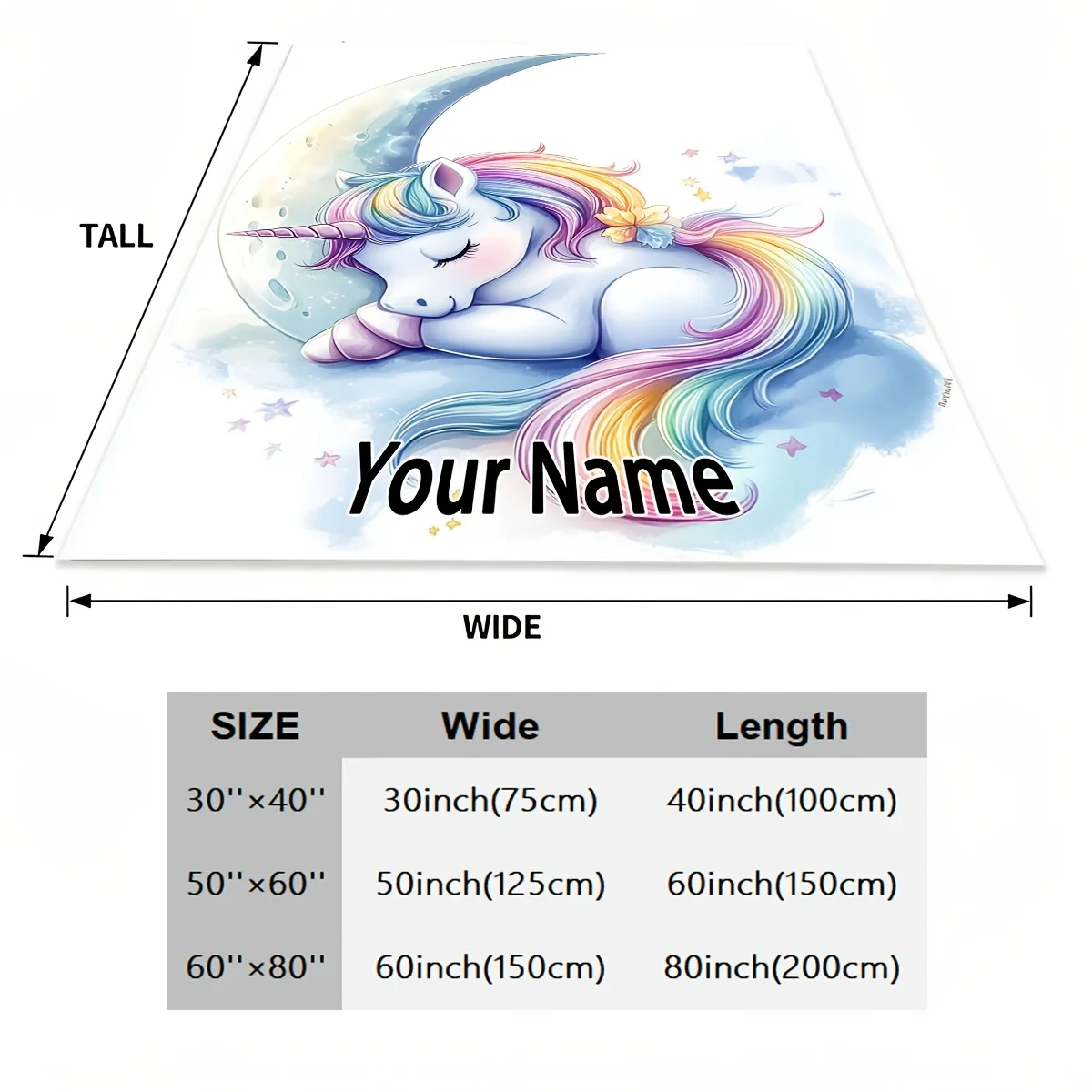 Customized 1pc blanket with unicorn pattern and customizable copy. Soft and comfortable flannel blanket with multiple sizes