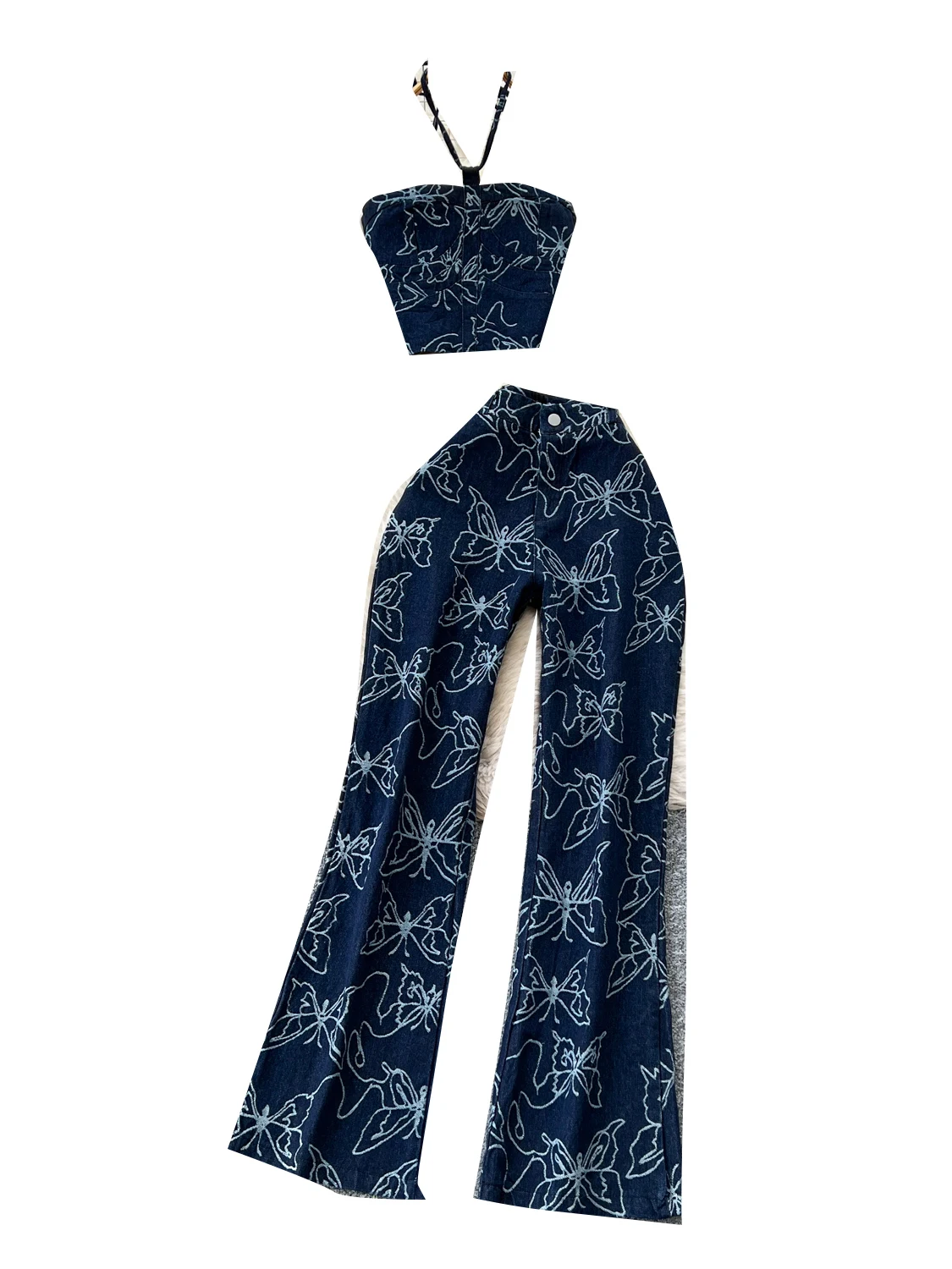 

Trendy Print ter Ne Strap Top High Waist Jeans Summer Two Piece Set Women's Faion Clothing Student orm