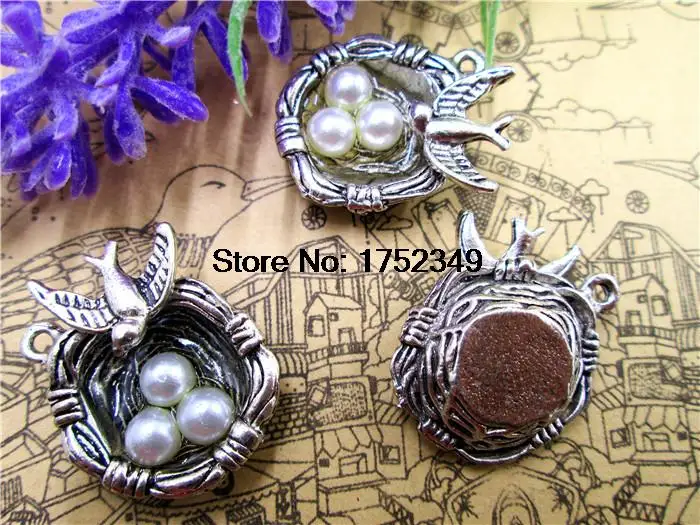 5pcs/lot--Bird Nest Charms, Silver Tone with 3 Pearl Like Beads Simply Stunning,bird nest pendants 24x23mm