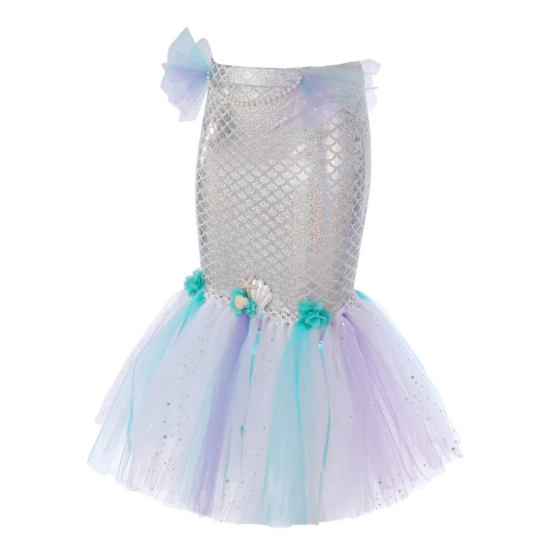 Shiny Scale Mermaid Dress Flower Shell Decor Tulle Skirt Matching Gem Tiara for Cosplay Dress‑up and Themed Party Gathering