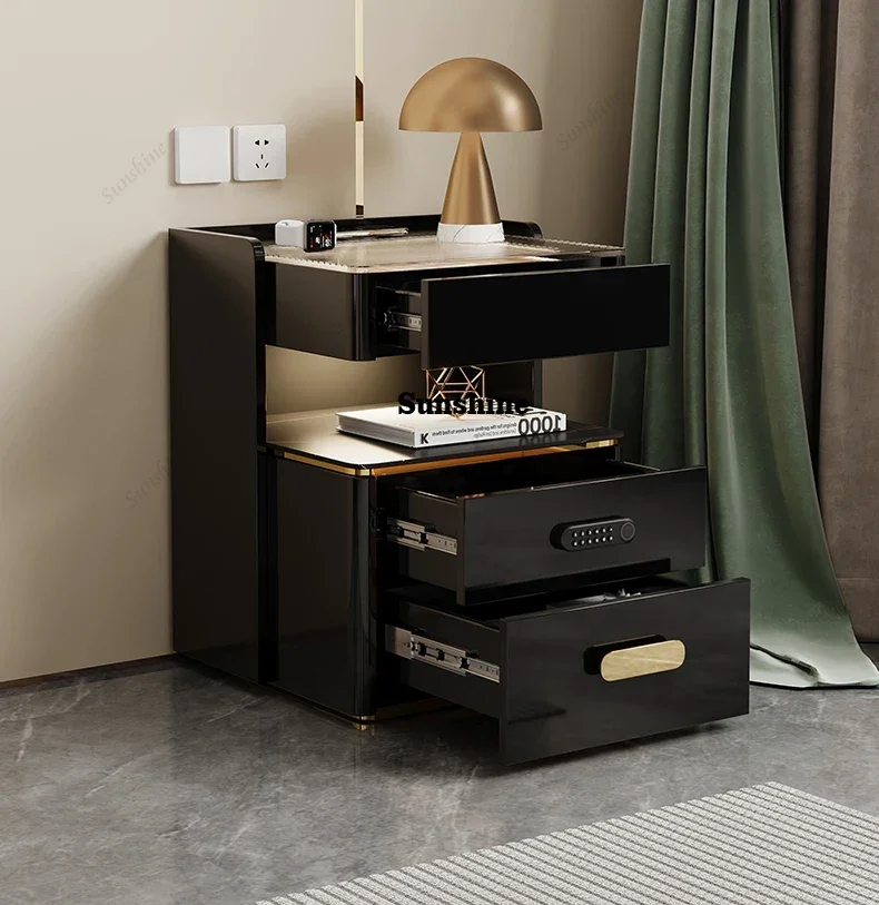 Black light luxury high-end bedside table three-color ambient light multi-function safe  FT
