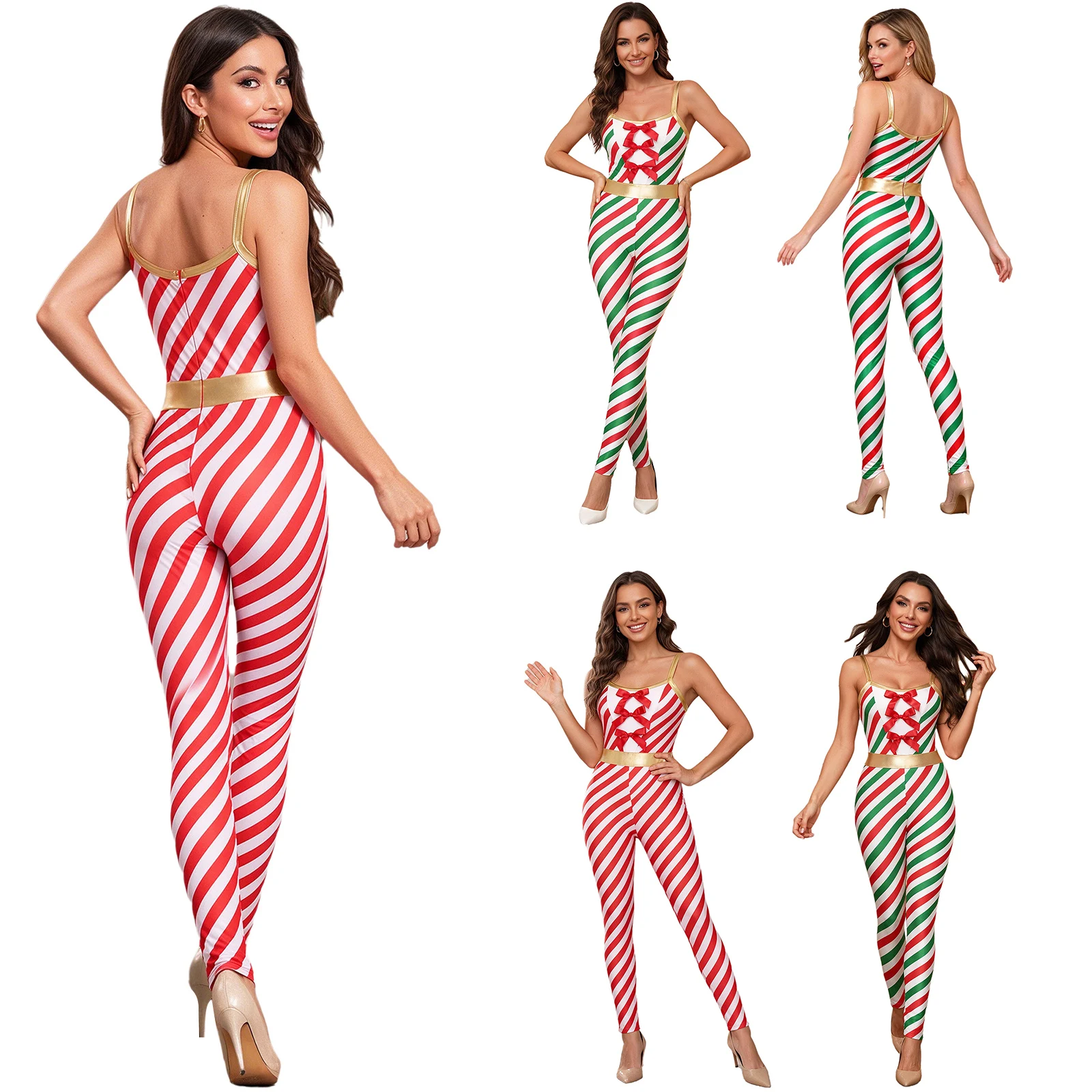 Women Christmas Candy Cane Stripe Ballet Dance Jumpsuit Spaghetti Strap Bow Decor Stage Xmas Themed Party Cosplay Dance Costume
