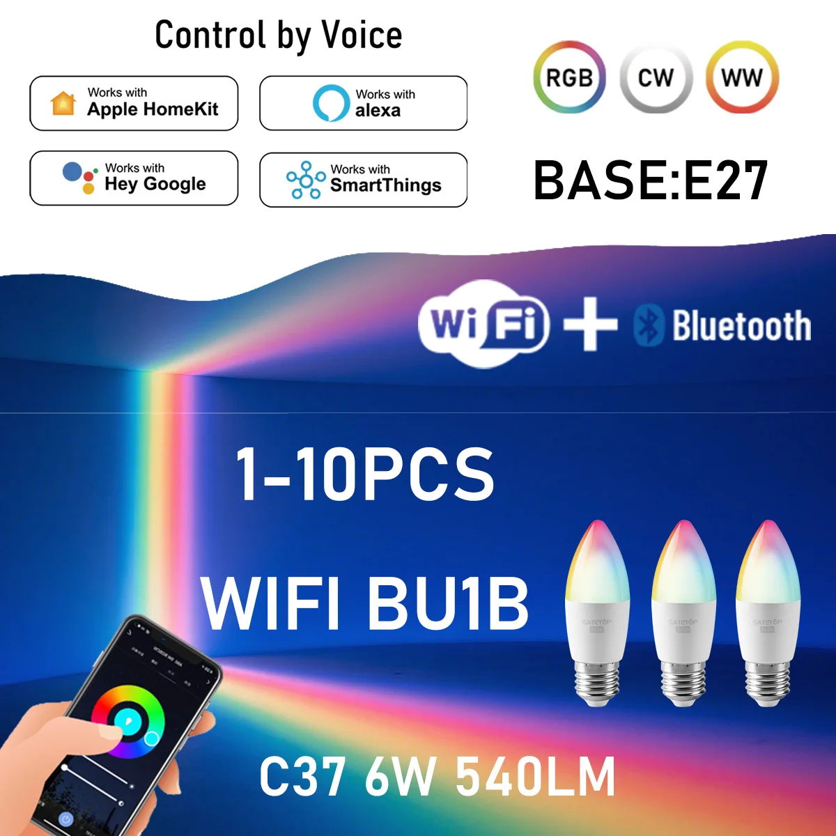 

1-10PCS E27 Tuya WiFi Smart Bulb Bluetooth RGBCW 85-265V 6W LED Lamp C37 Light Bulbs App Voice Control Support Alexa Google Home