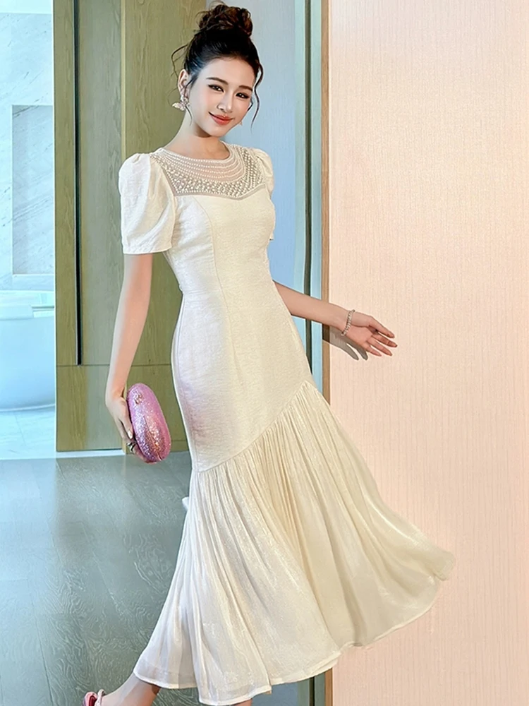 Elegancka, luksusowa sukienka maxi z perłami, bufiastymi rękawami, falbanami, asymetrycznym krojem, dopasowana, idealna na formalne przyjęcia, urodziny, wieczorne wyjścia, sukienka damska, vestidos, nowa.