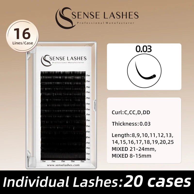 

SENSE LASHES 16 Rows Extensiones de pestañas Individual Lashes Matte Black Soft Natural Premium pestañas falsas 20 Cases/lot